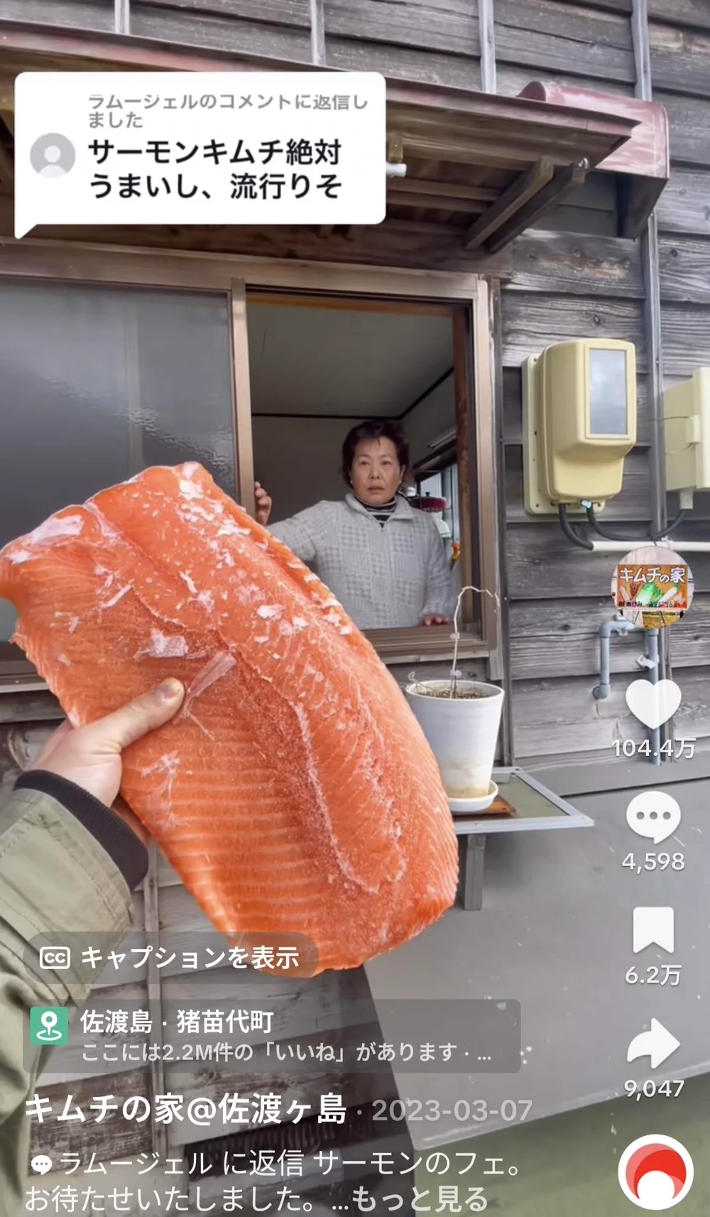 TikTokに投稿したサーモンキムチの動画。104.4万件のいいねが付いている